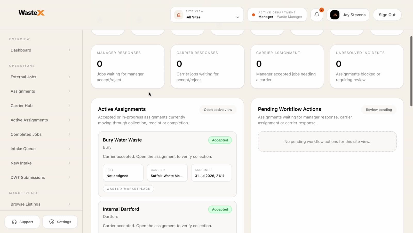 Waste X active assignments screen