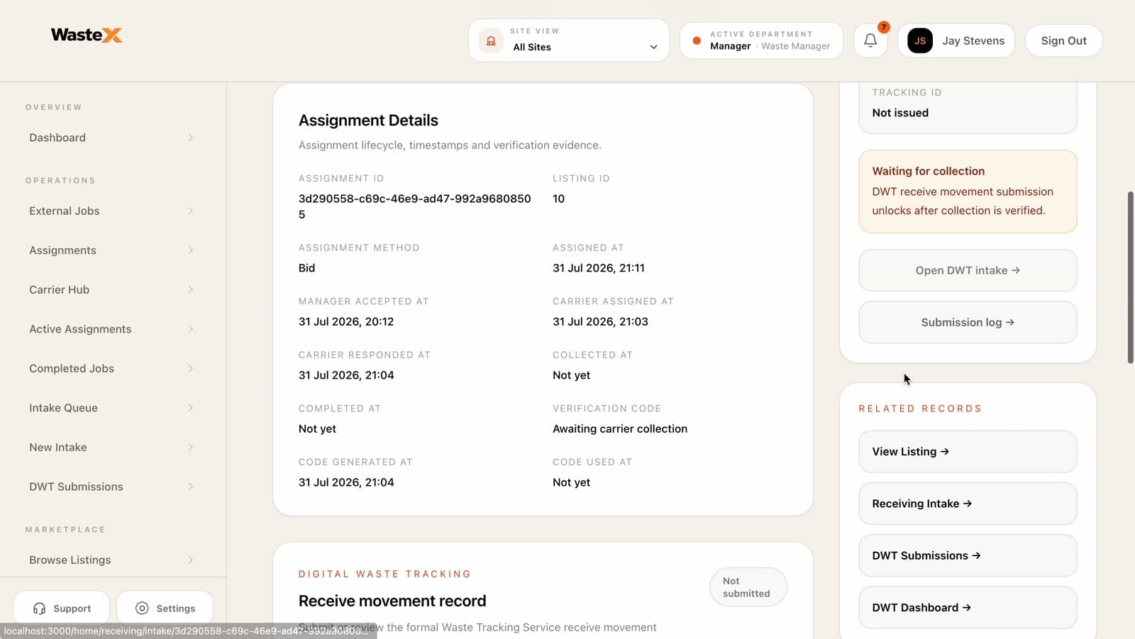 Waste X assignment detail page with movement and verification information