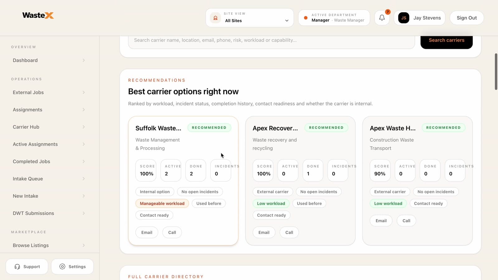 Waste X Carrier Hub showing carrier options and operational context
