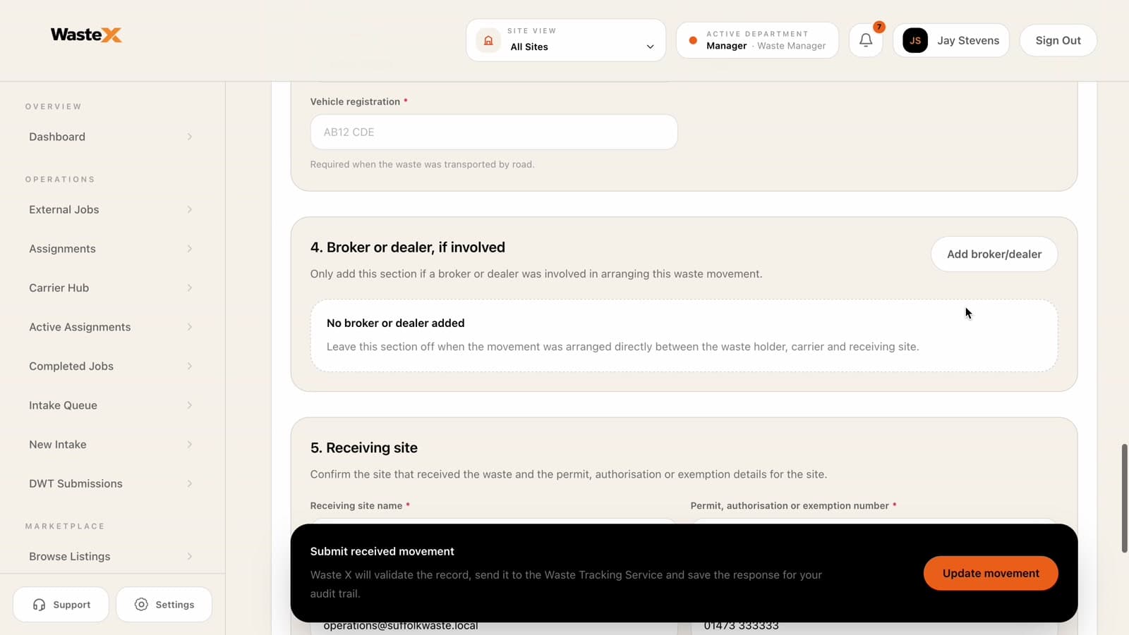 Waste X Digital Waste Tracking receipt workflow