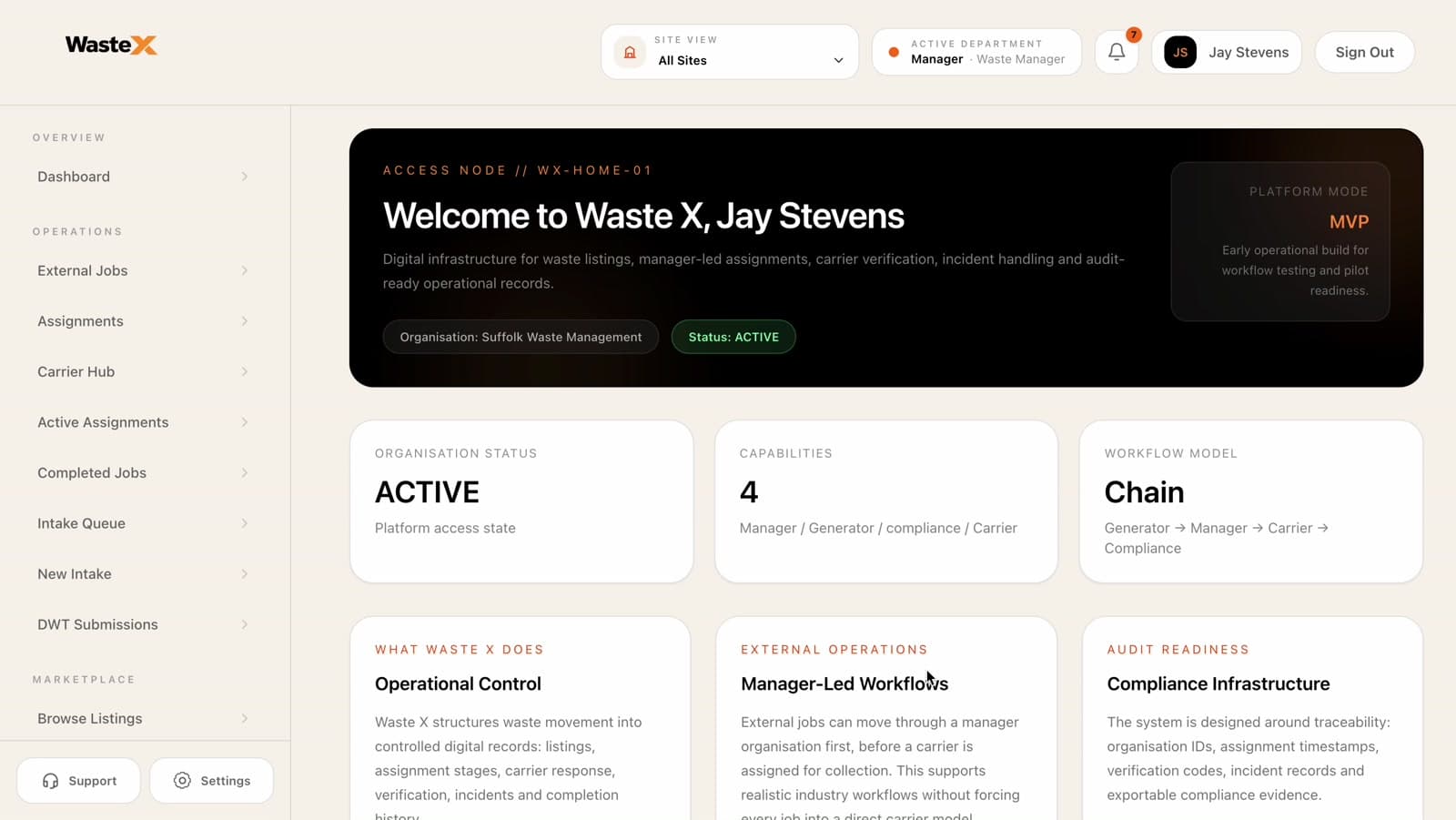 Waste X dashboard interface
