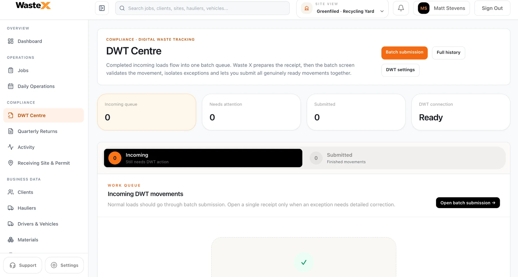 Waste X DWT Centre showing the incoming receipt queue and batch submission access