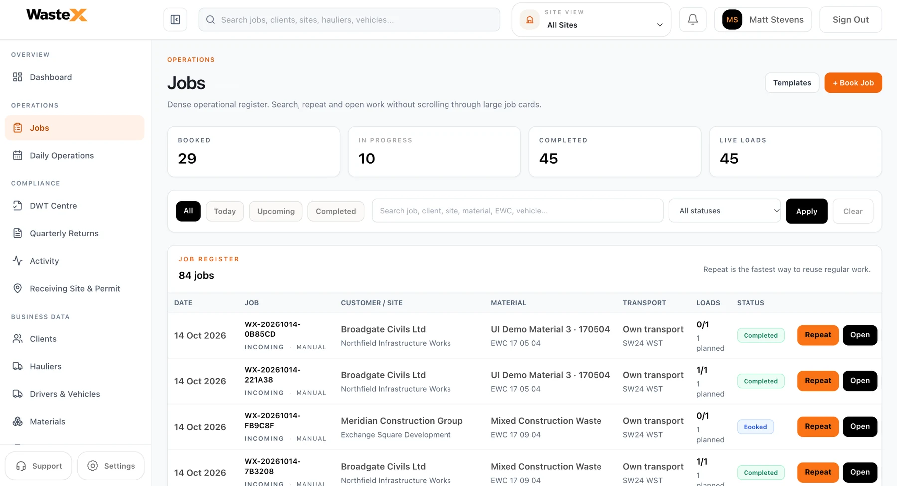 Waste X Jobs register showing booked and completed waste jobs